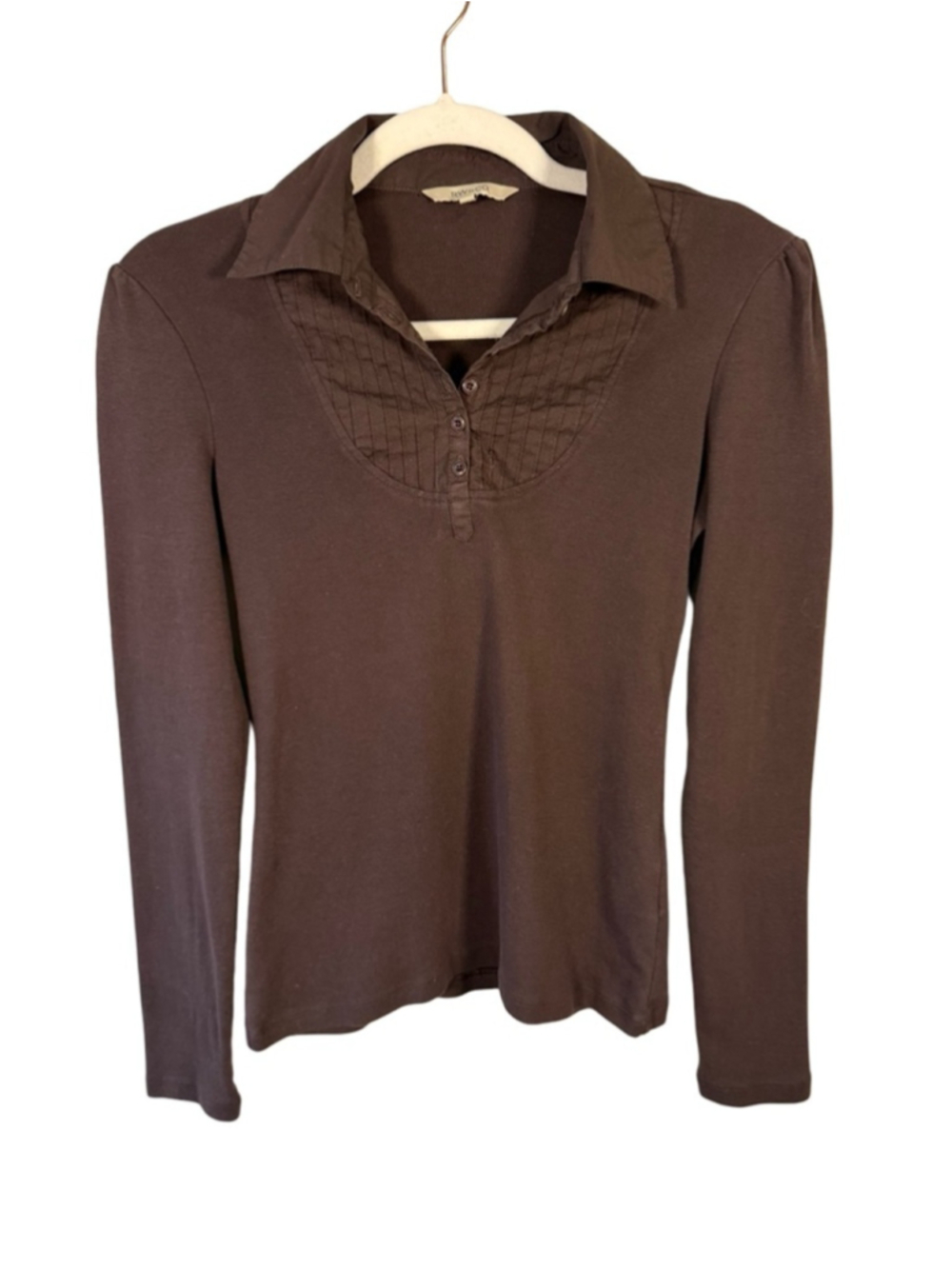 RW&CO. Brown Long Sleeve Polo Top with Pintuck Yoke